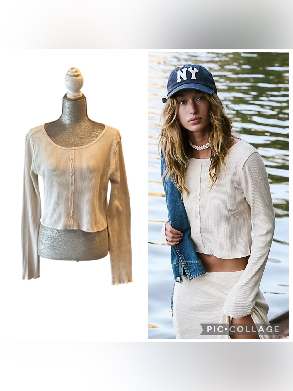 Free People FP Beach White Swan Waffle Knit Boatneck Crop Lettuce Hem Top Size L